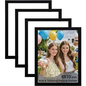 Picture Frame Set of 4, Natural Wood Photo Frame Display Pictures with Plexiglass for Tabletop Horizontal or Vertical Display (Black 8x10 inch)