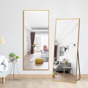 MIRUO Full Length Mirror, 64" x 21" Aluminum Alloy Frame Floor Mirror with Stand, Large Bedroom Mirror, Free Standing or Wall Mounted or Leaning Against Wall, Gold,65x22INCH_Gold