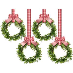 WILLBOND 4 Pcs Christmas Kitchen Cabinet Wreath Boxwood Garland with Ribbon Greenery Garland Hanging Wreaths for Cabinet Wall Window Door Fireplace Party Farmhouse Decor(Red and White,Fabric)