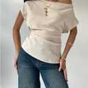 MakeMeChic Women's Asymmetrical Neck Blouse Ruched Short Sleeve Dressy Tops (S)