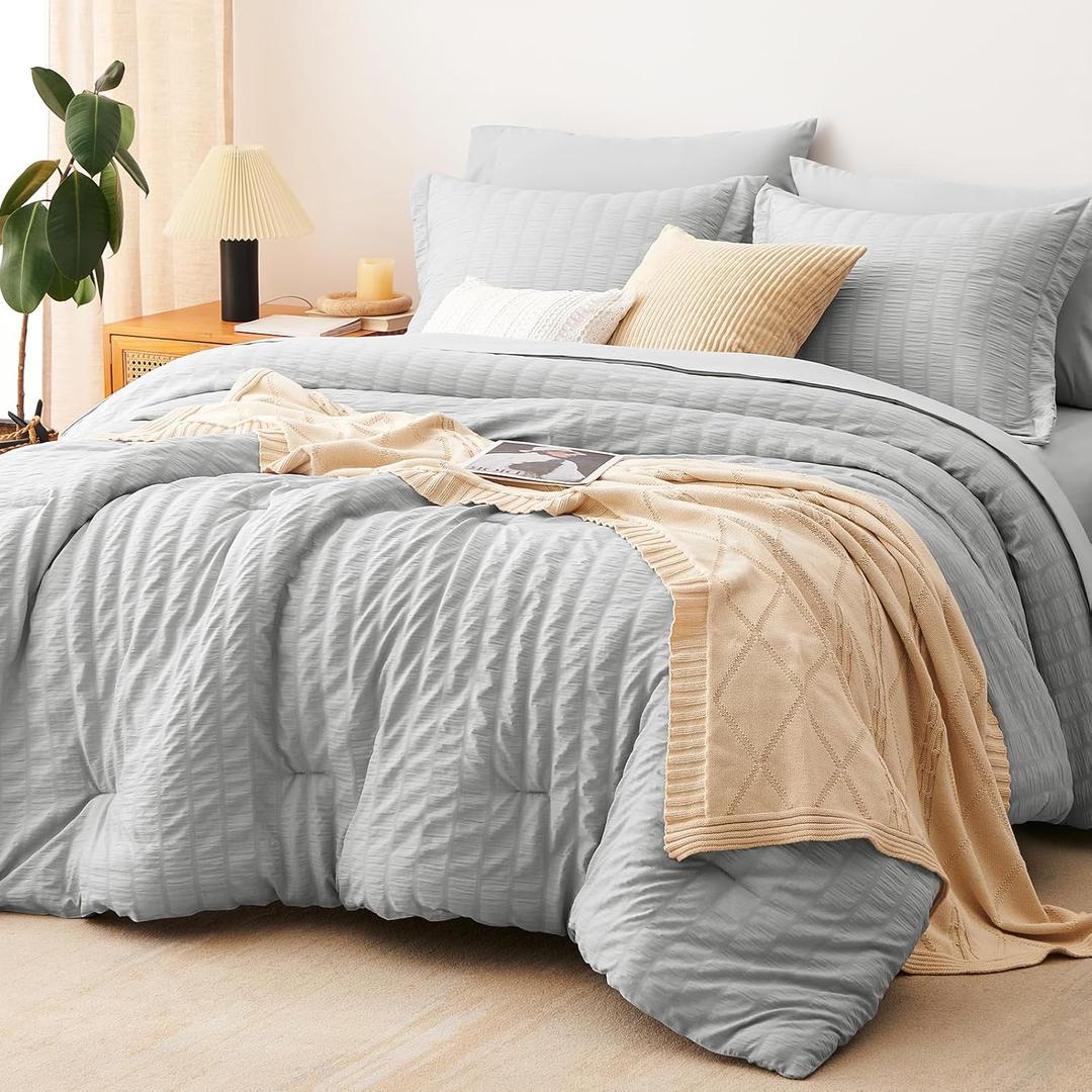 CozyLux Queen Bed in a Bag - Light Grey Seersucker Textured Comforter Set - 7-Piece All Season Bedding with Comforter, Pillow Sham, Flat Sheet, Fitted Sheet and Pillowcase