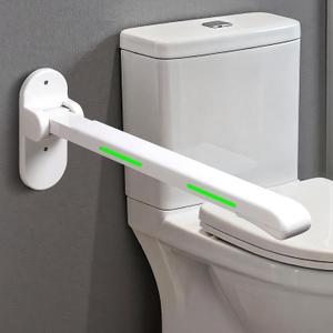 26.8 INCH Flip-Up Toilet Grab Bar, Wall-Mounted Safety Rail for Bathroom, Night Glow Strips on Both Sides, Folding Handrail for Elderly & Disabled