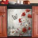 Rustic Farmhouse White and Red Flowers Magnetic Dishwasher Cover Vinyl Decal,Butterfly Kitchen Decor Dishwasher Magnet Cover,Refrigerator Magnet Sticker Appliance Cover Protector,23Wx26H Inches