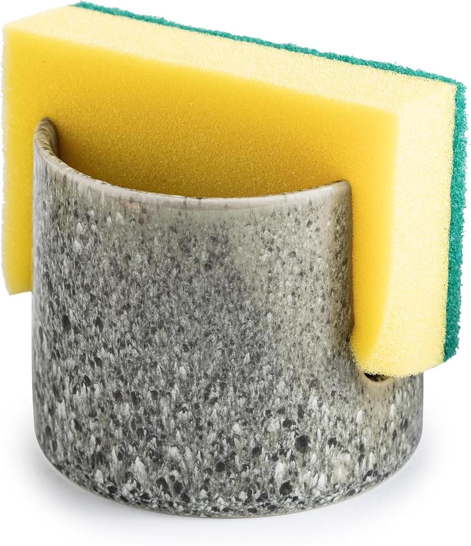 Kitchen Sponge Holder, Ceramic Dish Sponge Holder Scrubby Daddy Farmhouse Dish Rack Brush Holder for Bathroom, Kitchen, Sink, Special Gray (Cylindrical)