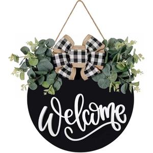 Welcome Sign for Front Door Porch Decor Farmhouse Wreath Wall Decor 30cm Round Wooden Hanging Housewarming Home Decor for Home Outdoor Indoor (Black)