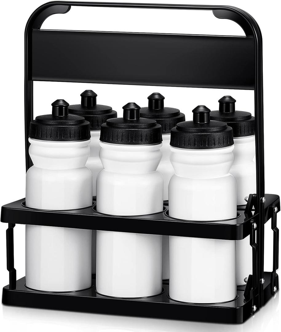 Suclain Water Bottle Carrier with 6 Bottles 20 oz Wide Mouth Water Bottles Plastic Sports Water Bottle Squeeze Water Bottles with Black Lid Team Water Bottles with Carrier for Fitness Bike Gym