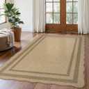 LIVEBOX Scalloped Washable 5x7 Rug, Easy Jute Tan Rugs for Living Room, Indoor Geometric Rug for Bedroom, Outdoor Farmhouse Non-Slip Rug Dining Room Mat Morden Carpet Area Rug for Home Office (Tan/Border 2)