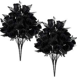 XONOR Artificial Rose Flowers - 4 Bouquets Realistic Fake Black Silk Roses for Halloween Party Fall Harvest Festival Home Centerpieces Decoration (Pack of 4, Black)