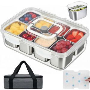 Snackle Box Container with Ice Pack, 304 Stainless Steel Divided Serving Tray, Snacklebox with Insulated Bag, 8 Compartment Platter Box with Lid and Handle for Beach, Road Trip, Boat Days, Pool Party (Silver White)