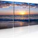 Craftline - 3 Piece Beach Coastal Wall Art for Living Room Sunrise on Blue Sea Scenery Print on Canvas Ocean Seascape Poster Modern Ocean Wave Framed Artwork for Washroom Bedroom Decor 18x24inch x3Pcs