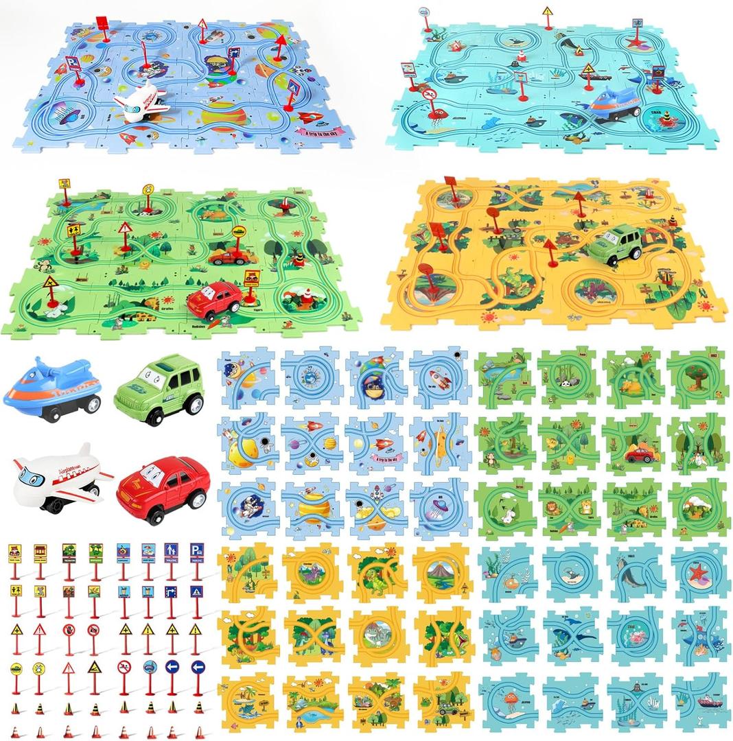 YOOYID Puzzle Racer Kids Car Track Set, Kids Toys Boys 3-5, Toys for 3 4 5 6 Year Old Boys, Toys for Ages 3-4, Montessori Toys for 3+ Year Old, (100Pcs, 4 Themes)