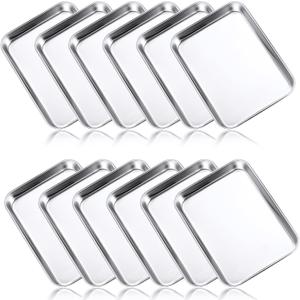 12 Pcs Baking Sheet Stainless Steel Cookie Small Metal Sheet Pans Professional Rectangle Oven Trays Kitchen Baking Cooking Oven and Toaster, Dishwasher Safe (7.1 x 5.1 Inch)
