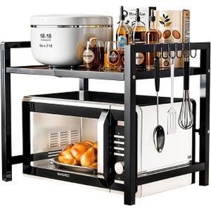 Microwave Oven Rack, Microwave Stand Countertop Adjustable Over Microwave Shelf Organizer, Extendable Kitchen Microwave Stand with Storage with 6 Hooks