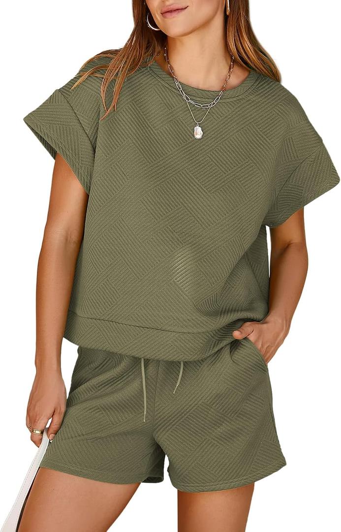 Dokotoo Women's 2 Piece Outfits Sweatsuit Casual Short Sleeve Pullover Tops and Drawstring Shorts Pants Lounge Sets (Green, M)