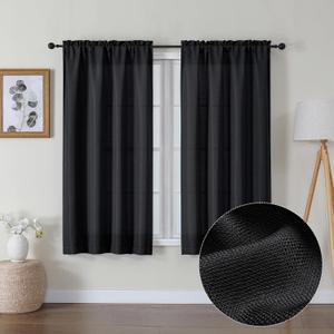 Lecloud Bessie Black Curtains 54 Inch Length 2 Panels Set, Faux Linen Textured Airy Light-Filtering Curtains for Bedroom with Dual Rod Pocket, Burlap Window Treatments, Each 30 W x 54 L (30"W x 54"L (Pack of 2))