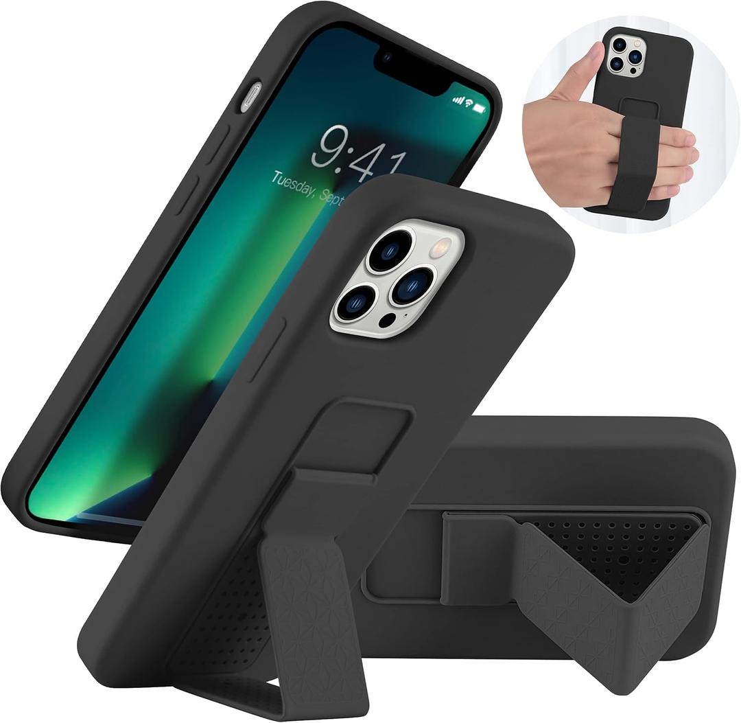 LAUDTEC Silicone Kickstand Case Compatible with iPhone 13 Pro, Vertical and Horizontal Stand Hand Strap Metal Kickstand Cover, Flexible Soft Liquid Silicone Stand Case for iPhone 13 Pro (Black)