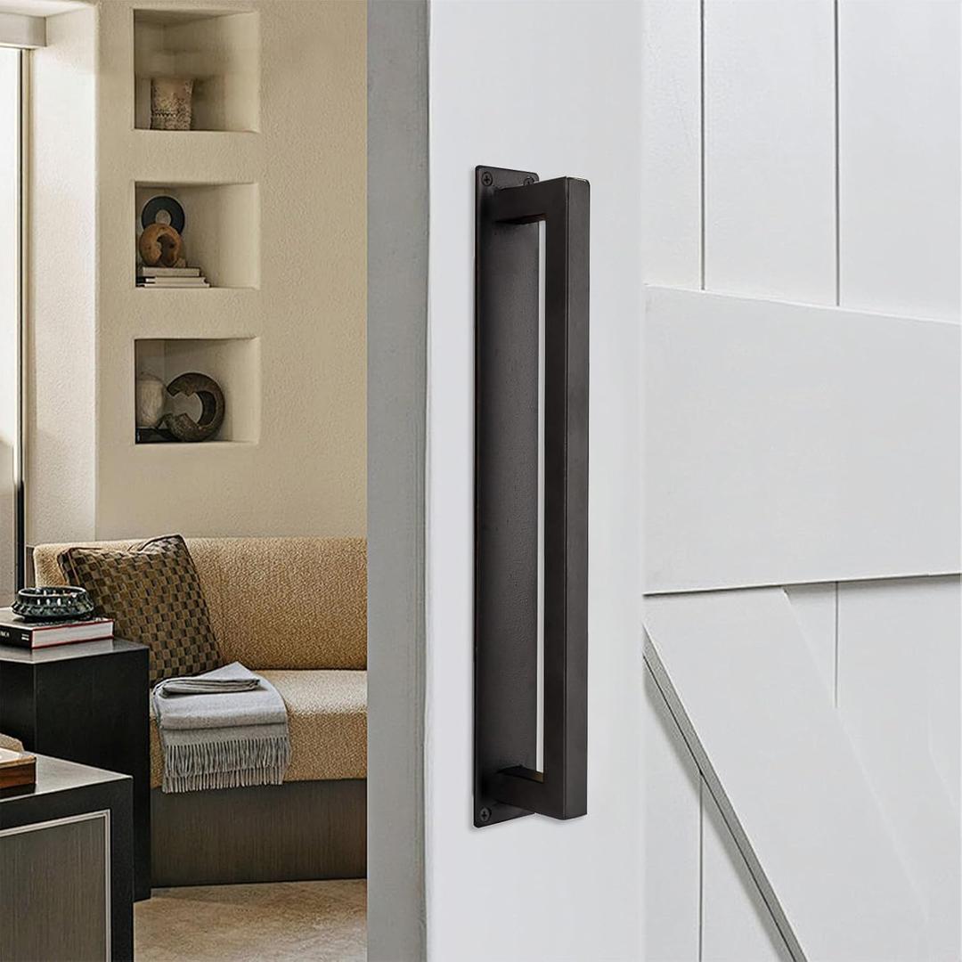 Homode Barn Door Handle, 12" Rustic Pull Handle Heavy Duty, Matte Black Square Door Pull with Flush Long Base, for Sliding Barn Door, Gate, Shed, Garage