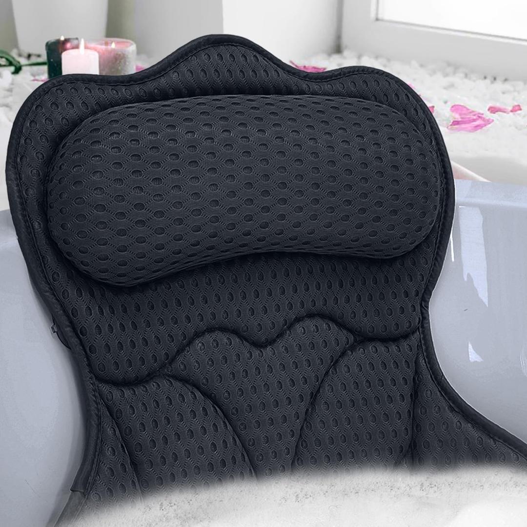 REEZEIVI Bath Pillows for Tub,Bath Pillow with 6 Non-Slip Suction Cups,Soft 4D Mesh Fabric,Bathtub Pillows for Tub Neck and Back Support,Extra Thick Luxury Bathtub Pillows, Black
