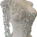 Single Right Sleeve Dress Accessories Luxury Decorative Appliqu Pure Hand Sewn Beads Rhinestones Trim Patches (Silver)