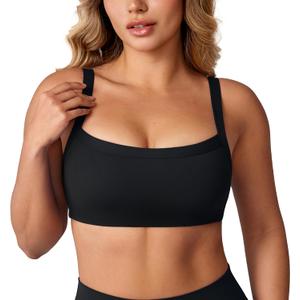 Hugcurve Adjustable Sports Bra Square Neck Wireless Padded Yoga Workout Tops (X-Large, Black)