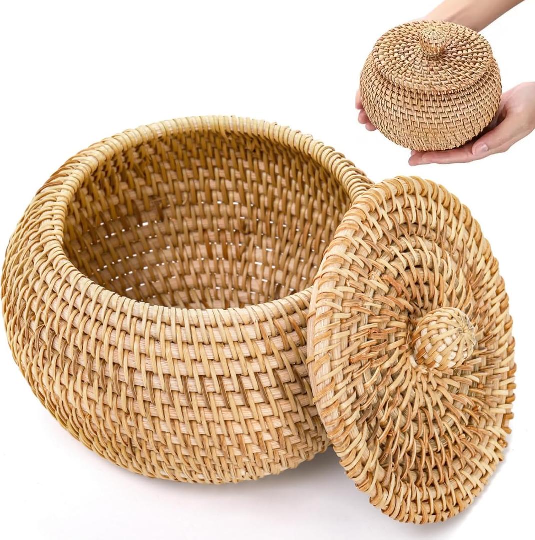 WRINGKIT Small Rattan Basket Box with Lid, Round Handmade Woven Storage Basket, Multi-purpose Wicker Bowl Decorative Organizer for Shelf, Home, Bathroom Decor