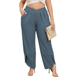 AOVDE Womens Plus Size Palazzo Pants Baggy Wide Leg Pants Elastic Crossover Waist Pleated Front Trousers with Pockets (Blue)
