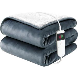 Electric Blanket Heated Throw, Soft Flannel 50"x60" Heating Blanket with 8 Hours Auto Off 10 Fast Heating Levels Machine Washable Sherpa Heated Blanket with Overheating Protection