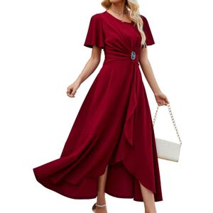 Wedding Guest Dresses for Women Have Pockets Cocktail Dress Ruffle Sleeve A Line Evening Party Formal Dresses for Women, Size: Large (Burgundy)