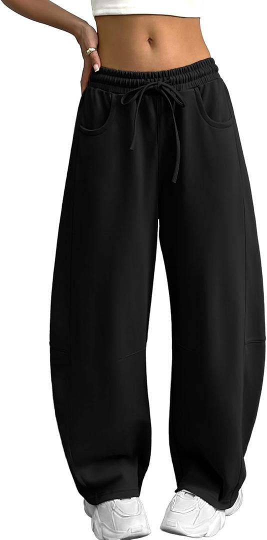 ELLEVEN Women's Cotton Barrel Leg Sweatpants with Elastic Waist, Drawstring, and Pockets  Casual Baggy Joggers (XS)