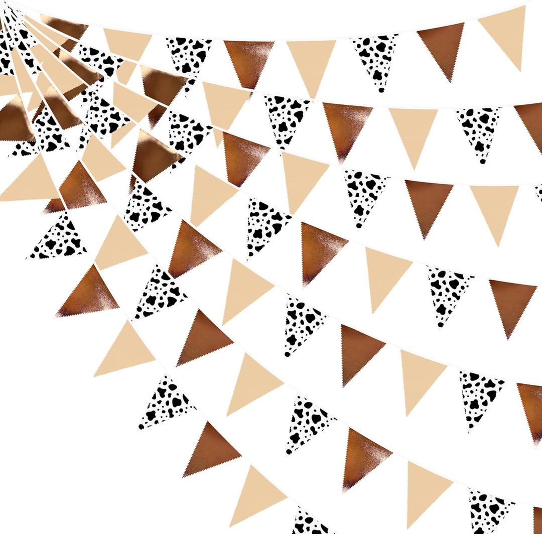 32Ft Cow Party Decorations Western Cowboy Triangle Flag Fabric Banner Pennant Garland Streamer for Western Cowgirls Cowboys Birthday Baby Shower Derby Day Festival Farm Cow Wild Party Decor Supplies