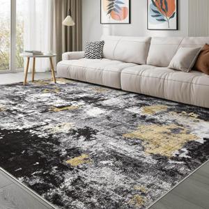 Washable 8x11 Area Rugs for Living Room: Abstract Modern Home Decor Rug | Soft Stain Resistant, Non-Slip, Pet & Kid Friendly - Large Carpet for Bedroom/Dining Room/Office/Nursery Black Gold