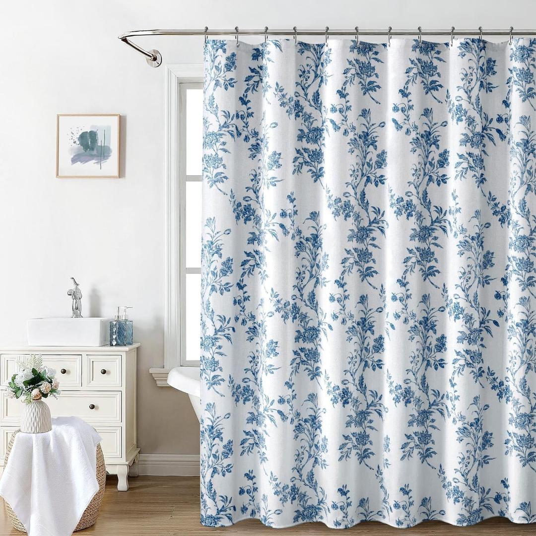 Awellife Light Blue Shower Curtain,Cotton Floral Cottagecore Spring Shower Curtain for Bathroom 72" W x 72" L,Teal Blue