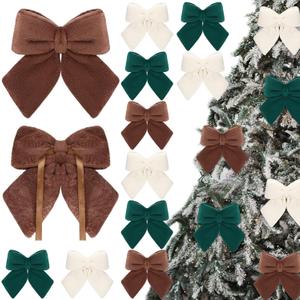 12 Pcs Neutral Velvet Christmas Tree Bows Plush Stuffed Bows for Christmas Tree Hanging Ornament Xmas Fireplace Wreaths Home Decor(Neutral Colors)