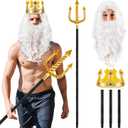 Shappy 4 Pcs King Neptune Costume Accessory White Wig and Beard Set Gold Trident Golden King Crown for Christmas Dress Costume
