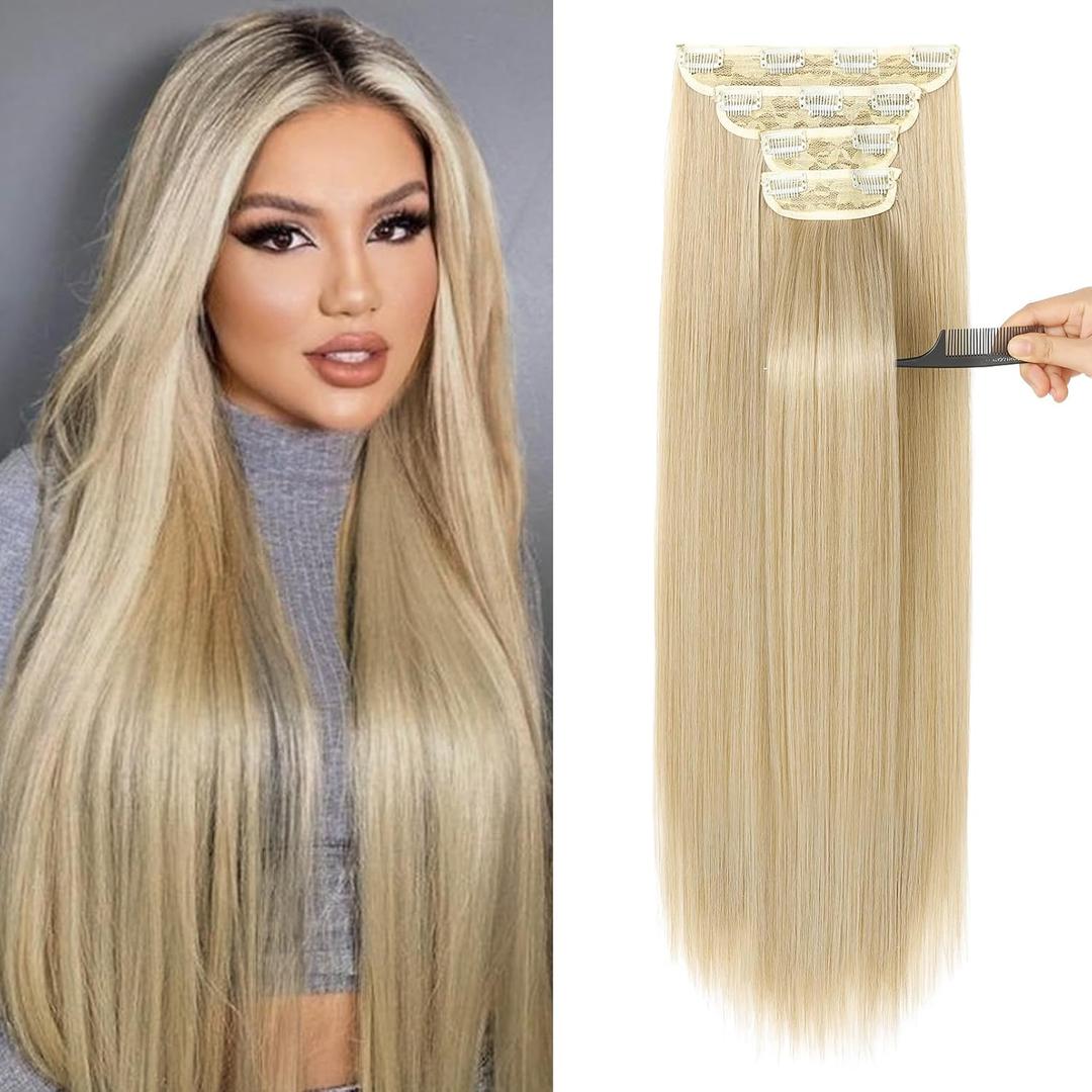 REECHO Hair Extensions, 24" Straight Long Thick 4 PCS Set Thick Clip in on Hair Extensions -Medium Blonde