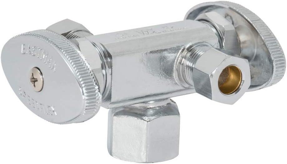 Eastman 3/8 Inch OD Compression x 3/8 Inch OD Compression x 1/2 Inch FIP Multi-Turn Dual Handle Three Way Stop Valve, Brass Plumbing Fitting, Chrome, 04325LF