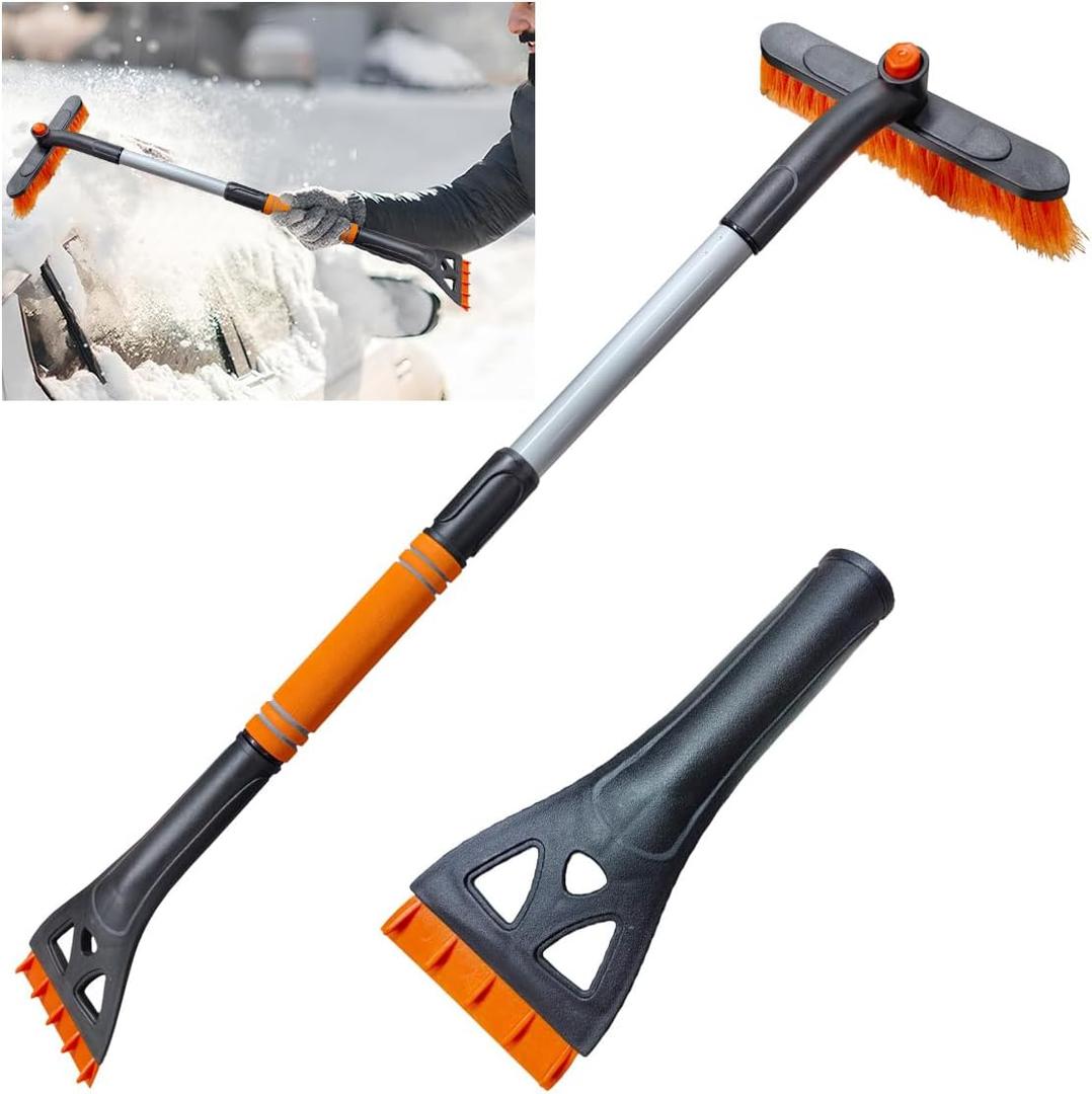 KITUREK 31.5" Detachable Snow Brush and Ice Scraper for Car Windshield, 2-in-1 Winter Snow Removal Tool with Extendable, 360 Rotating Soft Bristle Brush Head and Foam Grip for Most Vehicles (Orange)