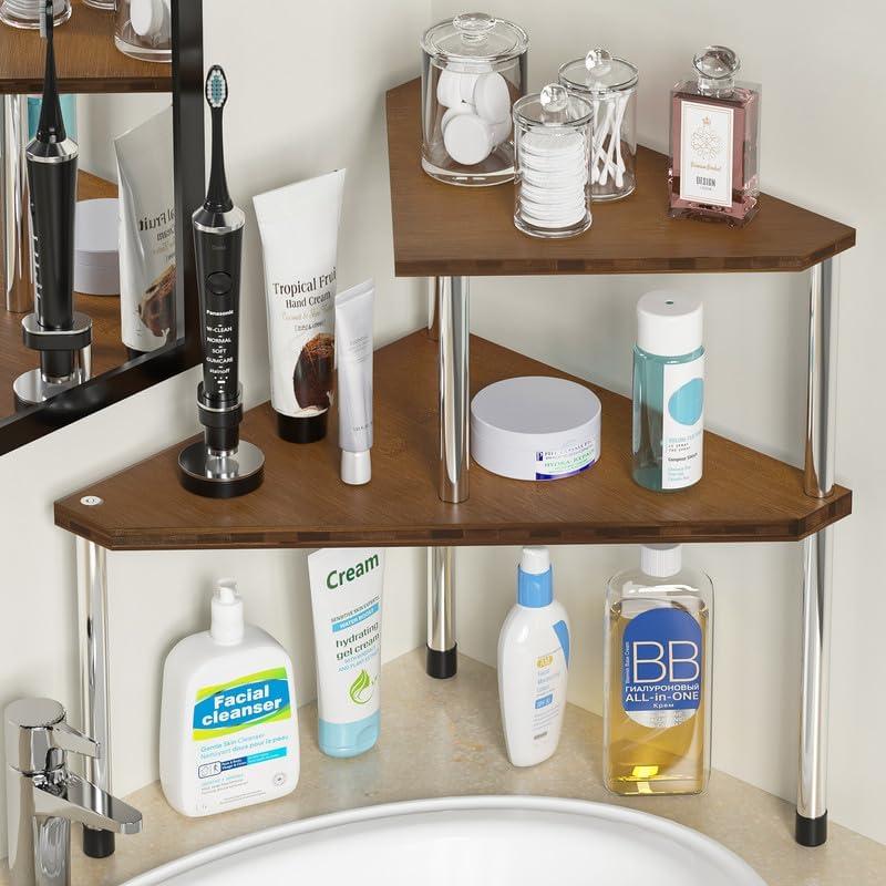 Weenson Bathroom Organizer Countertop, Bathroom Sink Organizer for Toiletries, Makeup, Skincare, Bamboo 2-Tier Kitchen Countertop Organizer for Spice Salt (Brown)