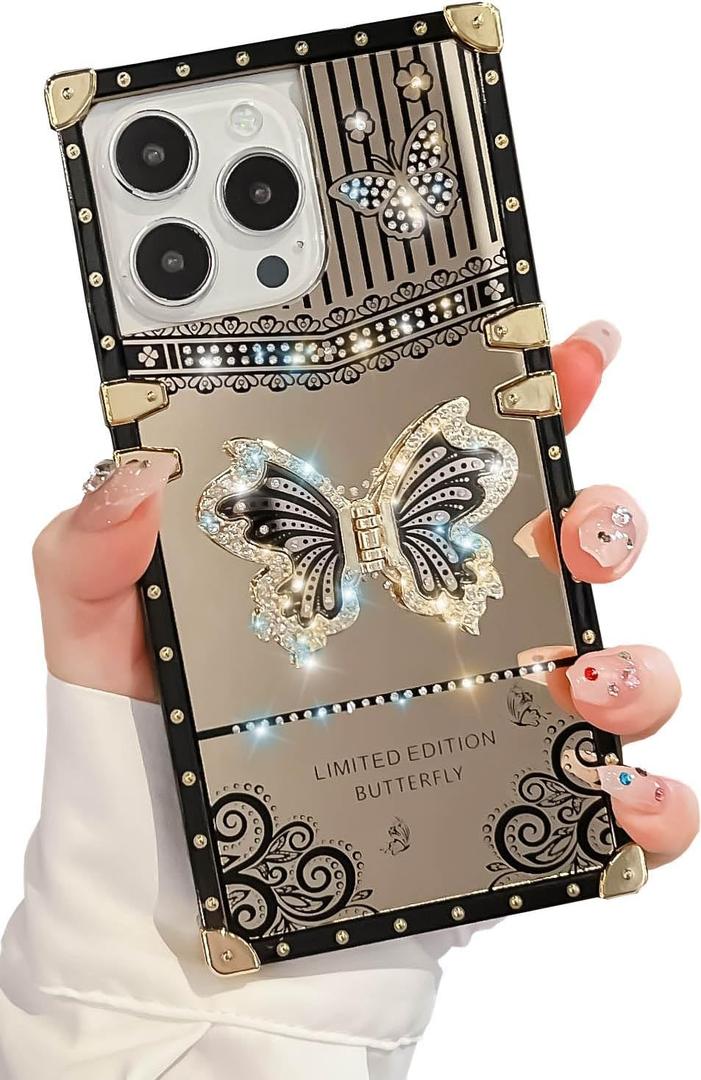 Cute Compatible with iPhone 15-6.1Inch Case with Luxury Bling Glitter Butterfly Foldable Stand Kickstand,Glitter Soft PC Mirror Slip-Resistant Bumper Protective Cover for Women & Girls(Black)