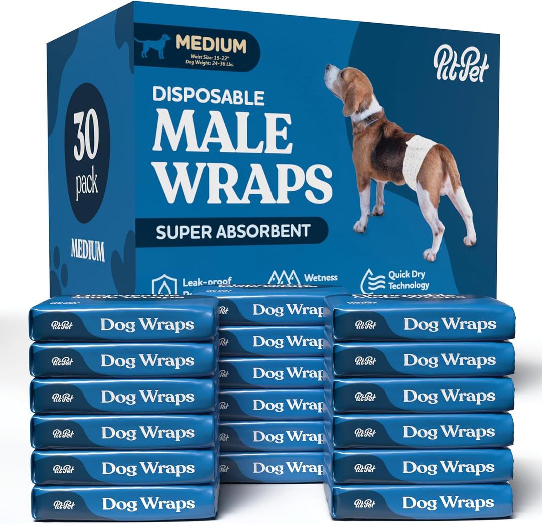Comfortable Male Dog Diapers - 30-Pack Super Absorbent Disposable Male Dog Wraps- FlashDry Gel Technology, Wetness Indicator Doggie Diapers- Leakproof Belly Wraps for Incontinence, Excitable Urination (Medium)
