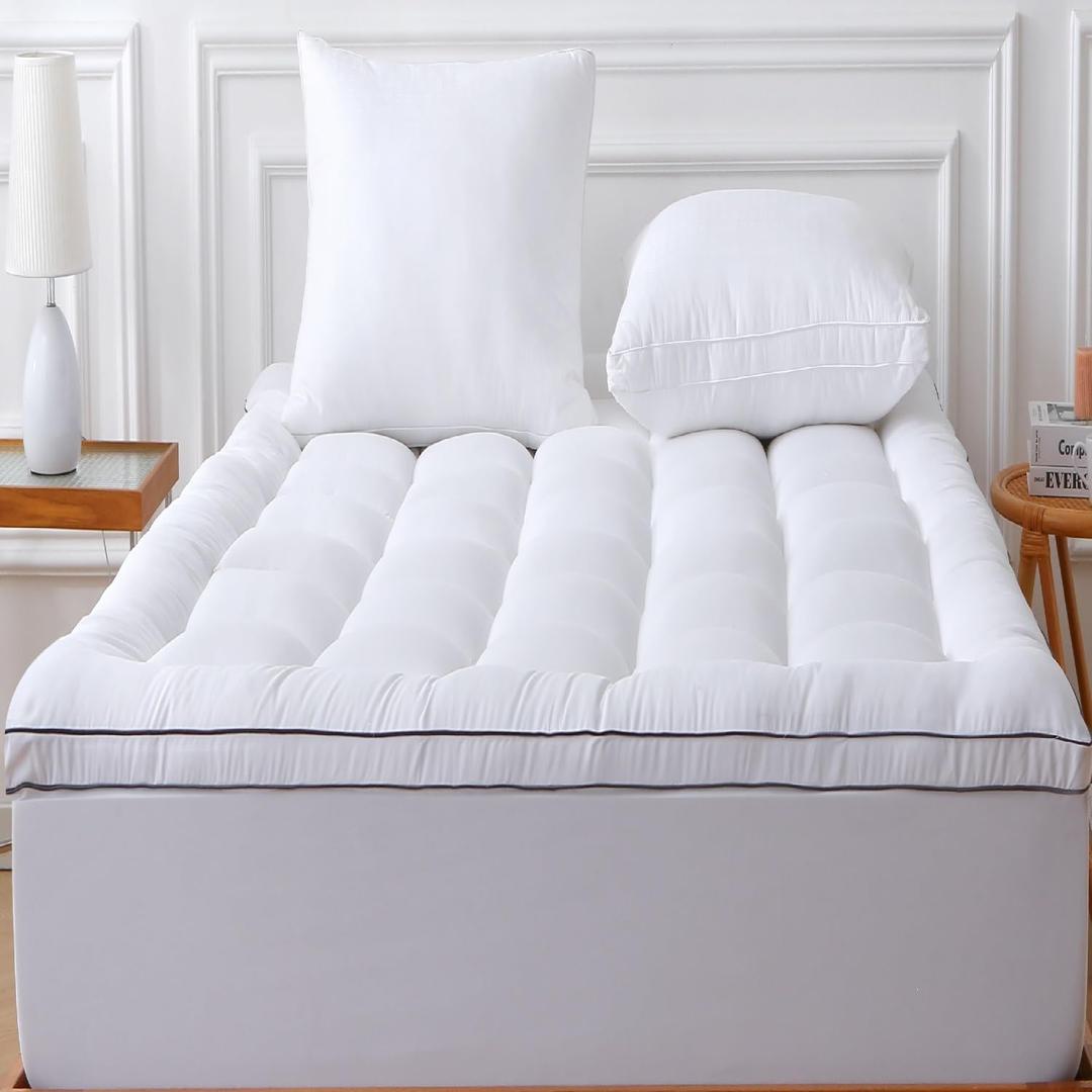Queen Mattress Topper Pillow Top Plush Breathable Cooling Back Pain Relief Down Alternative 60x80 Quilted Fitted Protector Mattress Pad Reviver Enhancer Deep Pocket Fits 8-21 Inches White (Queen)