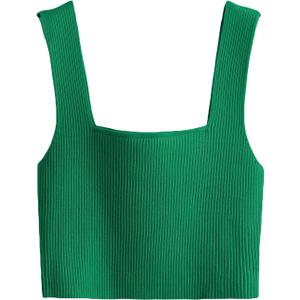 Verdusa Women's Square Neck Sleeveless Solid Ribbed Knit Crop Top Tank (Large, Green)
