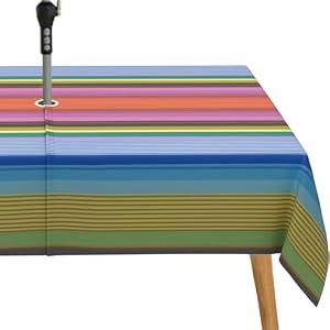 Bnhjsdw Strips Print Outdoor Tablecloth with Umbrella Hole for Rectangle Table, Waterproof Colorful Patio Table Cloth with Zipper - 60 x 102 inches