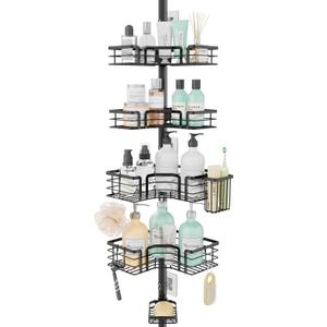 SWTYMIKI Shower Caddy Tension Pole  4Tier Corner Shower Organizer Tension Rod with Soap Holder, Toothbrush Holder & 4 Hooks, Adjustable Stainless Steel Bathroom Organizer 27.6 to 108.3 inch, Black