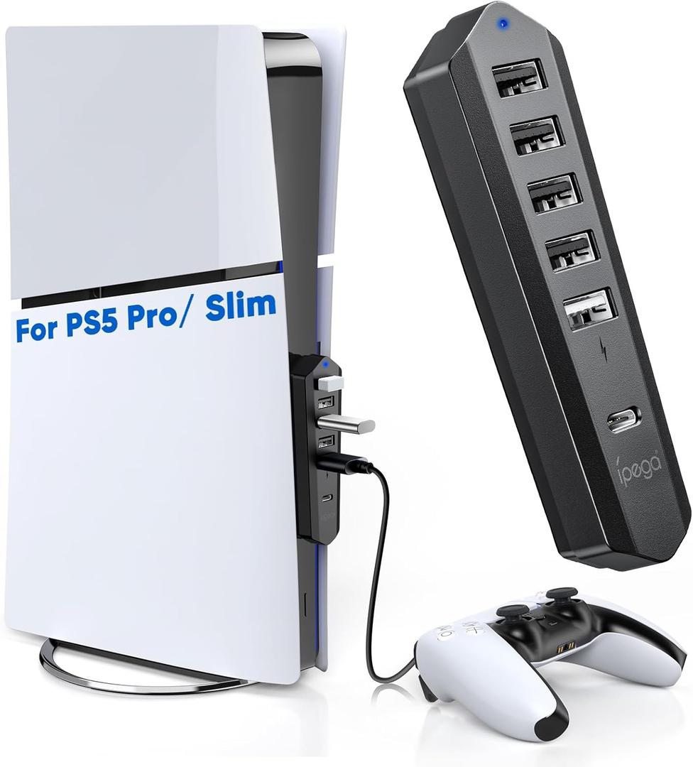 6 Ports USB Hub Only for PS5 Pro/Slim Console Disc  Digital, High-Speed Extra USB Port Extender for PS5 Slim Pro Accessories, Charging Adapter with 1 Type C 3.0 + 4 USB-A 2.0 + 1 Port