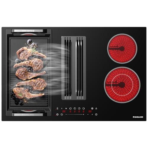GASLAND Electric Downdraft Cooktop 31.5 Inch(80cm), 4 Burners Glass Radiant Stovetop 220V, 3-speed Max. 330 CFM Downdraft Exhaust