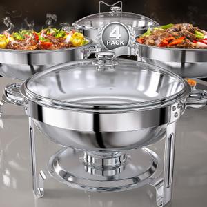 Chafing Dishes for Buffet Set: 100% Pre-installed Chafers for Catering - Round Chafing Dish Buffet Set with Lids | Chafers and Buffet Warmers Sets | Serving Food Warmer | Chafers Servers Sets (4 pack, Silver)