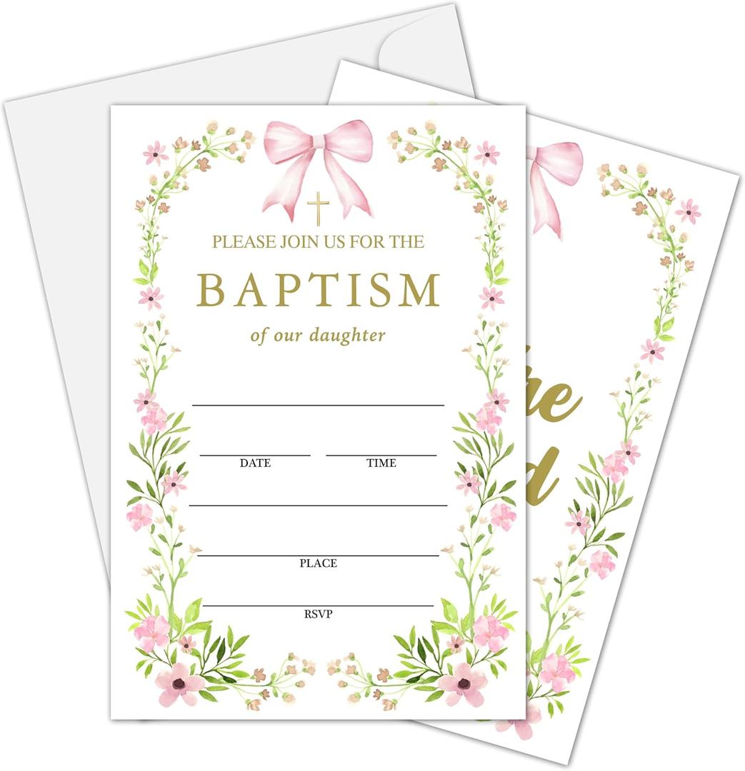 2 x Baptism Invitation Card, Blush Pink Floral And Bow Christening Invitations For Girls, First Holy Communion Fill In Invites, Religious Celebration Decorations Baby Shower Supplies, 08