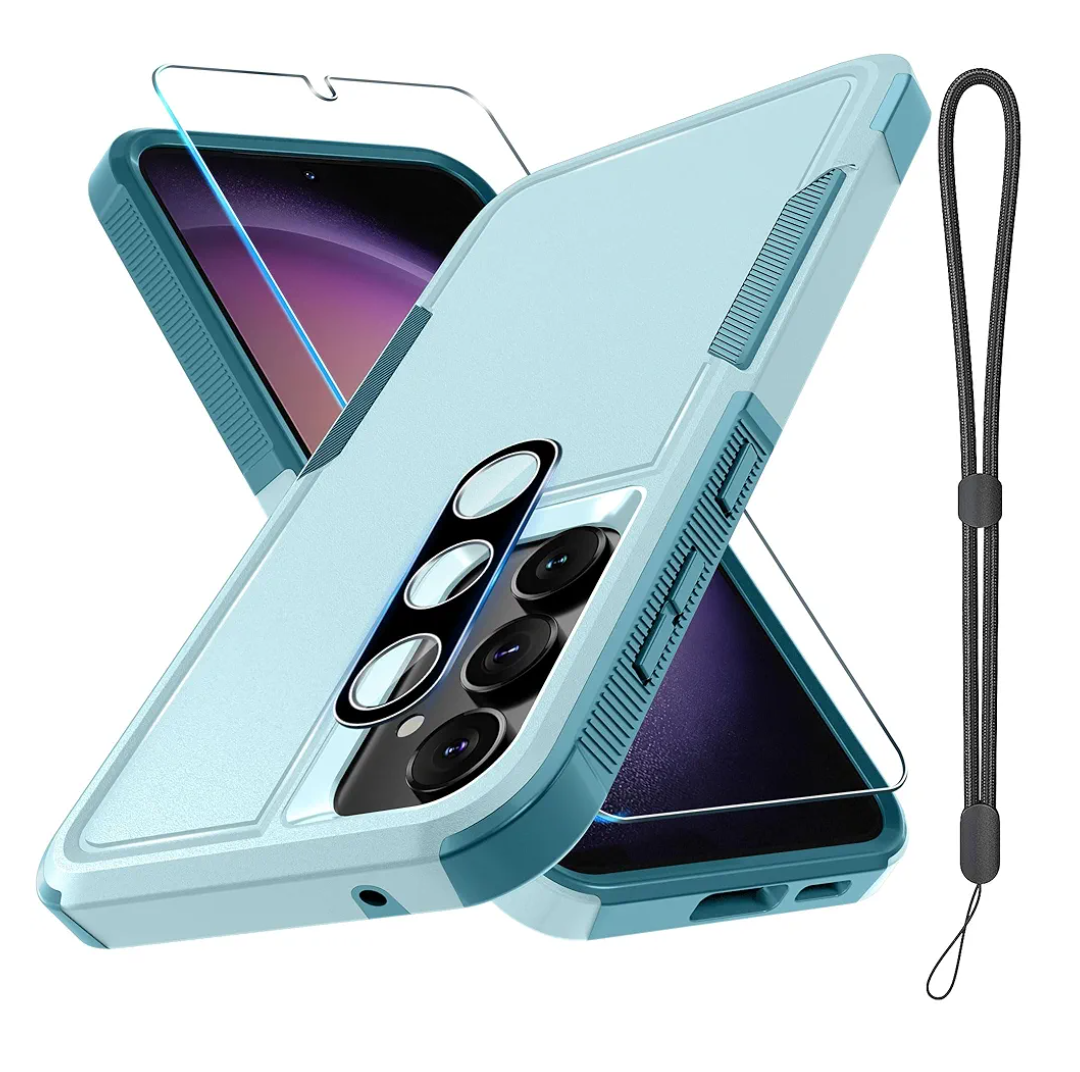 For Samsung Galaxy S23 FE Case [NOT for S23], Full Body Heavy Duty Rugged Shockproof Protective Phone Cover with Wrist Strap Lanyard, Tempered Glass Screen Protector and Camera Lens Cover, Mint Green, Pack of 3 