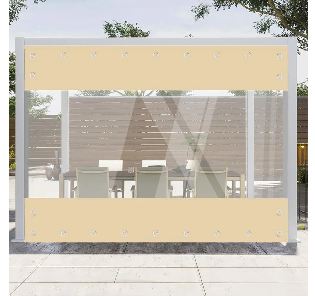 Clear Vinyl Curtains for Patio Enclosure, 23oz Heavy Duty Waterproof Anti-UV and Tear-Resistant Tarpaulin with Grommets, Weatherproof Panels for Porch, Pergola, Gazebo, Balcony, Outdoor, Khaki, 10'Hx10'W